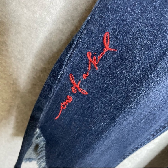 Eloquii “One of a Kind” Embroidered Raw Hem High Rise Ankle Stretch Jeans - Picture 3 of 12